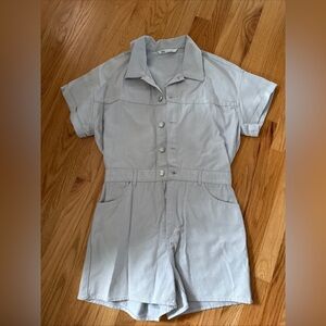 ZARA Sparkle Denim Button Front Romper Womens Large Gray Short Sleeve Classic